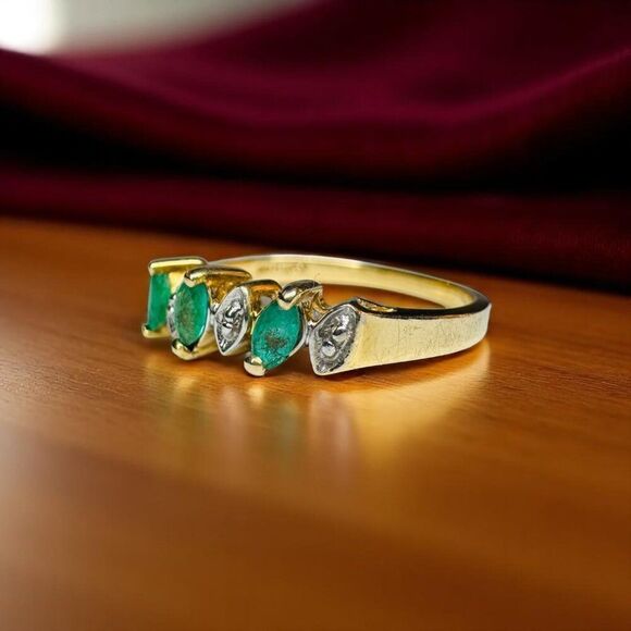VINTAGE- 10K Gold - Natural Colombian Emerald Diamond Ring -sz 6 -Marquise -1.7g - Picture 11 of 16